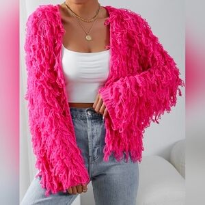 Barbiecore Y2K 2000's Hot Pink Shag Statement Cardigan Textured Fuzzy Knit